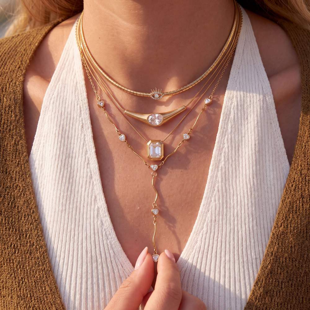 Fashion Jewelry Wholesale Stainless Steel Tarnish Free Snake Chain Evil Eye Choker Heart CZ Y-Shaped Long Necklace