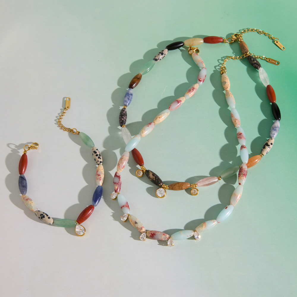 Stainless Steel Waterproof Jewelry Natural Colorful Stones Beaded Teardrop Charm Bracelets Wholesale