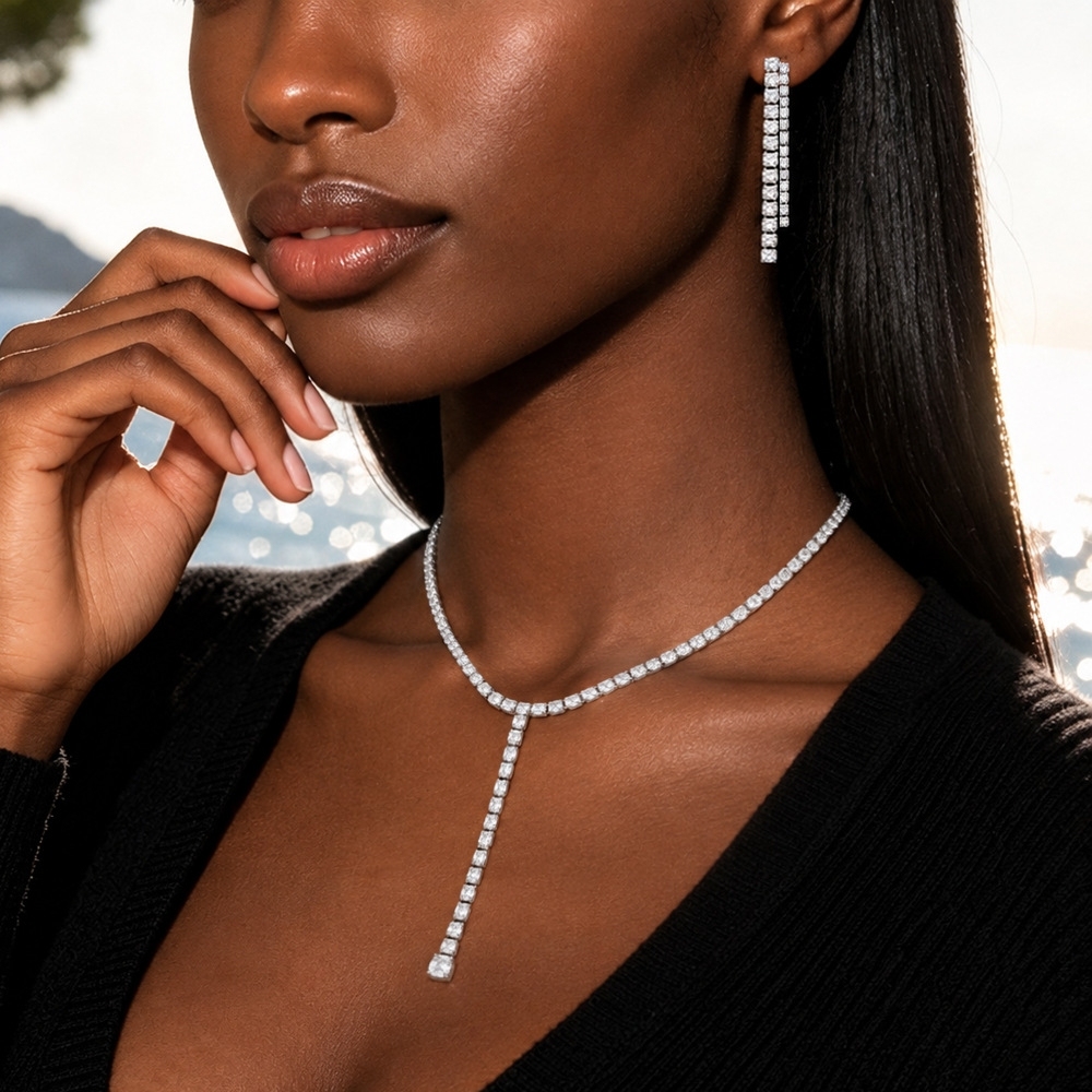 Waterproof Hypoallergenic Stainless Steel Two Layers CZ Tennis Chain Long Tassel Earrings Wholesale
