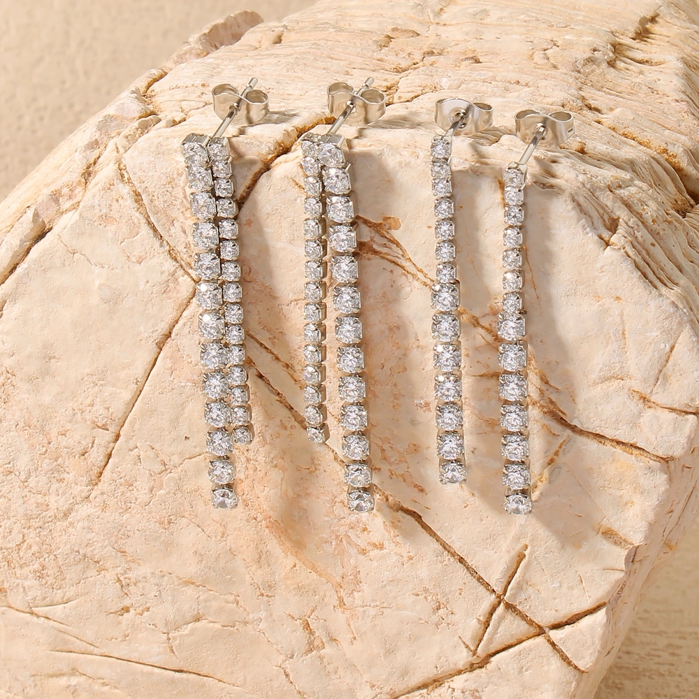 Waterproof Hypoallergenic Stainless Steel CZ Tennis Chain Long Tassel Earrings Wholesale