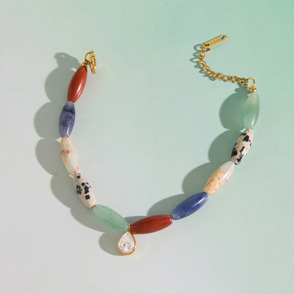 Stainless Steel Waterproof Jewelry Natural Colorful Stones Beaded Teardrop Charm Bracelets Wholesale
