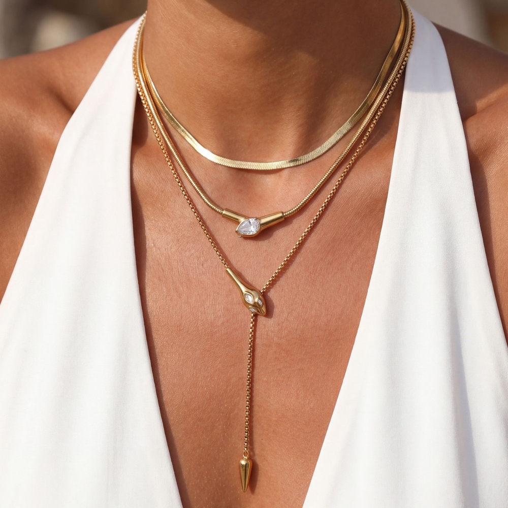 Fashion Jewelry Wholesale Stainless Steel Tarnish Free Boho Snake Head Y-Shaped Long Necklace