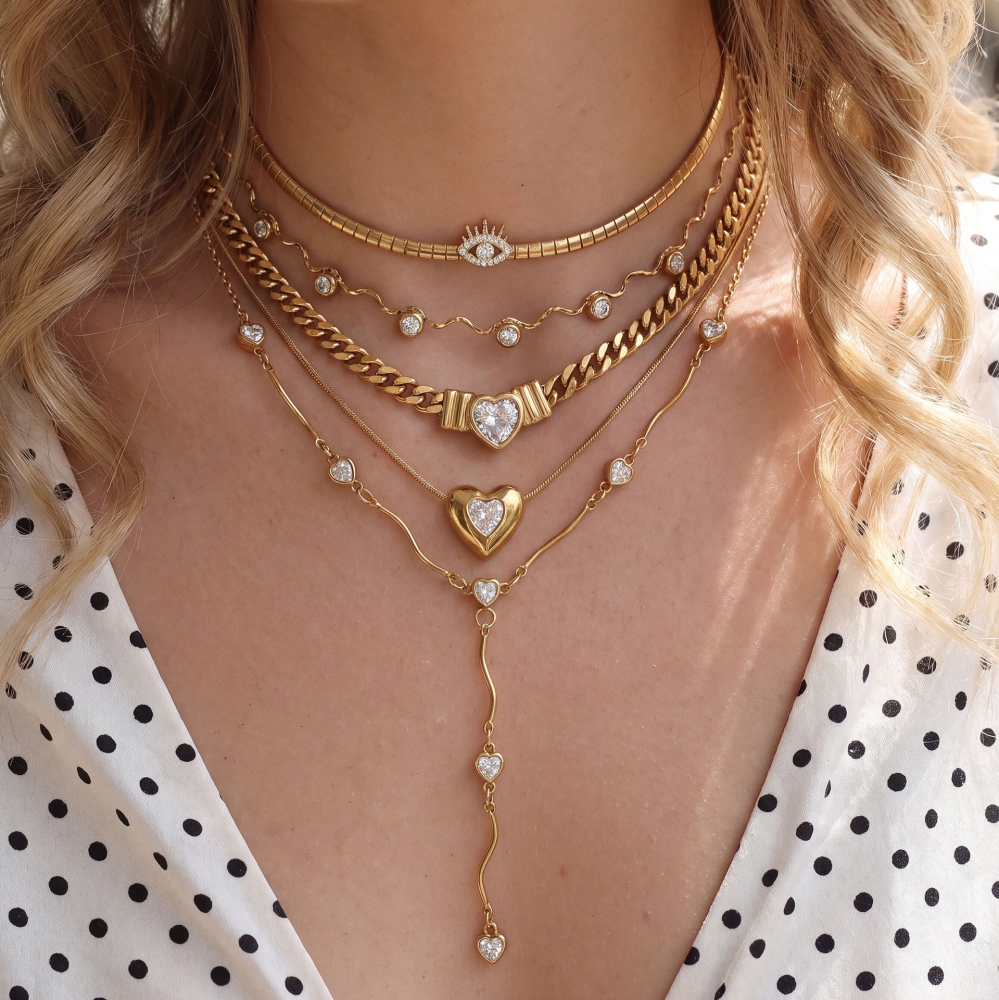 Fashion Jewelry Wholesale Stainless Steel Tarnish Free Snake Chain Evil Eye Choker Heart CZ Y-Shaped Long Necklace