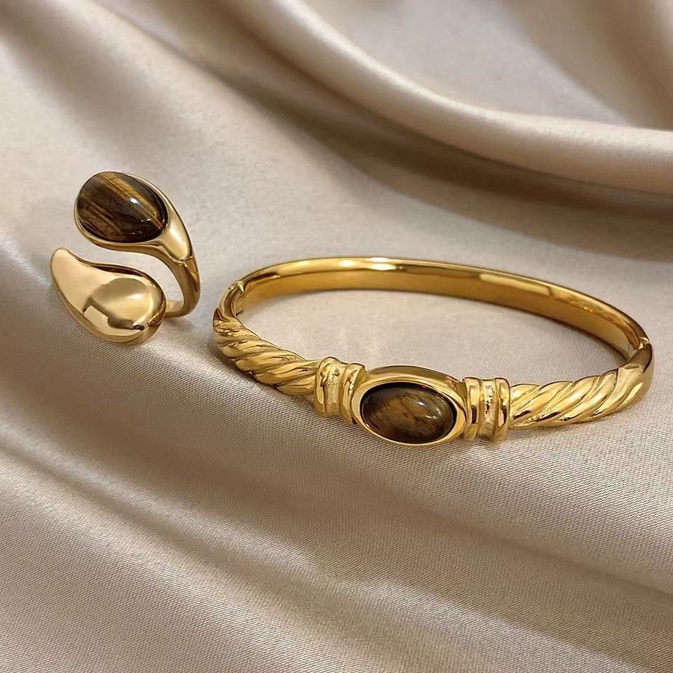 IVIAPRO Fashion Jewelry Wholesale Stainless Steel Tarnish Free Vintage Style Tiger Eye Stone Waterdrop Open Ring