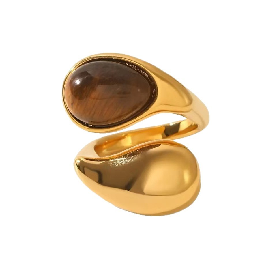 IVIAPRO Fashion Jewelry Wholesale Stainless Steel Tarnish Free Vintage Style Tiger Eye Stone Waterdrop Open Ring