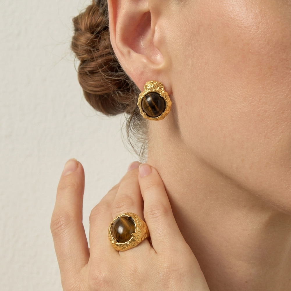 New Arrival Waterproof Hypoallergenic Stainless Steel Retro Natural Stones Stud Earrings Jewelry Wholesale