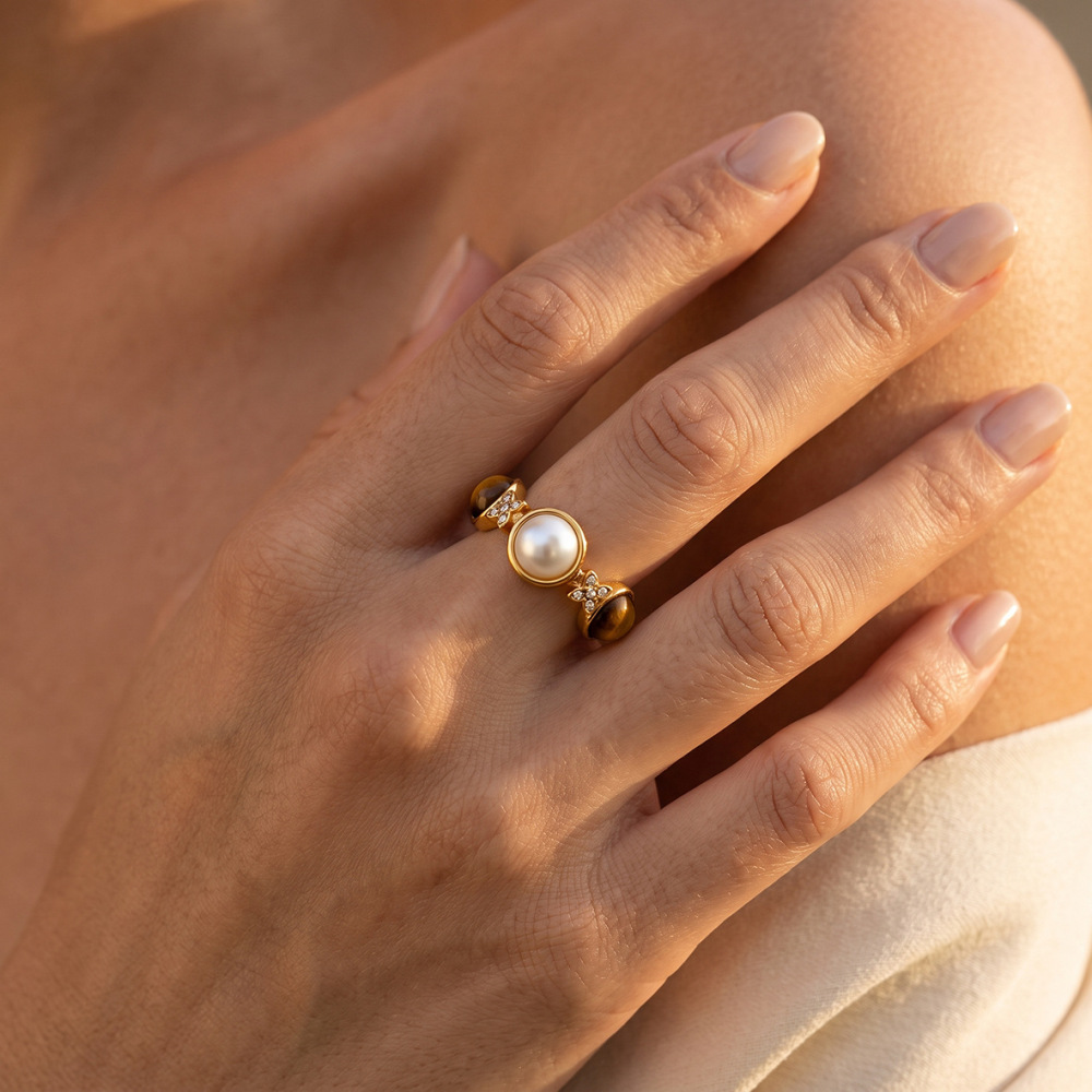 IVIAPRO Jewelry Wholesale Stainless Steel Tarnish Free Retro Tiger Eye Stone Pearl Open Ring