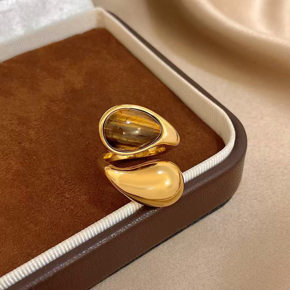 IVIAPRO Fashion Jewelry Wholesale Stainless Steel Tarnish Free Vintage Style Tiger Eye Stone Waterdrop Open Ring
