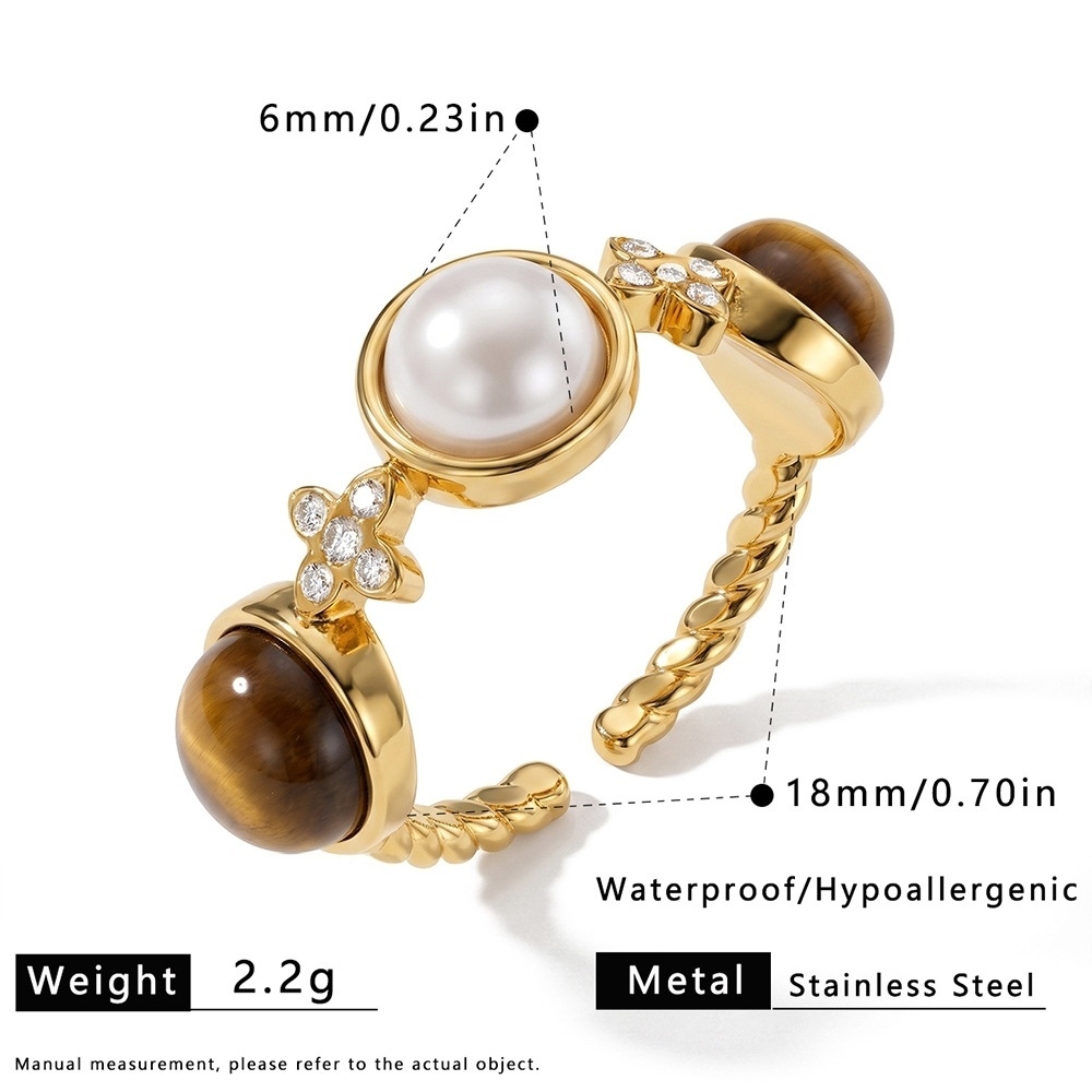 IVIAPRO Jewelry Wholesale Stainless Steel Tarnish Free Retro Tiger Eye Stone Pearl Open Ring