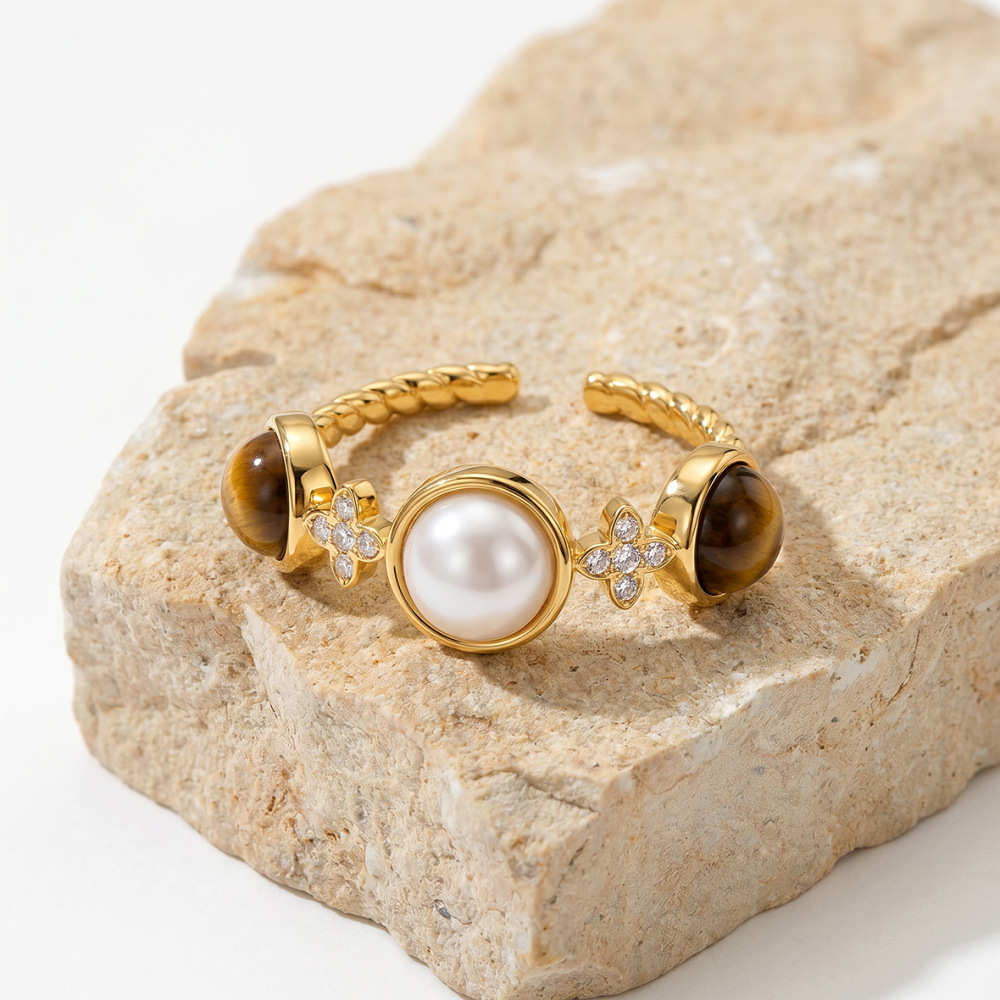 IVIAPRO Jewelry Wholesale Stainless Steel Tarnish Free Retro Tiger Eye Stone Pearl Open Ring