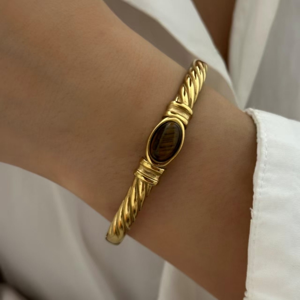 New Vintage Style Stainless Steel Jewelry Wholesale Retro Oval Tiger Eye Stone Bracelets Bangles