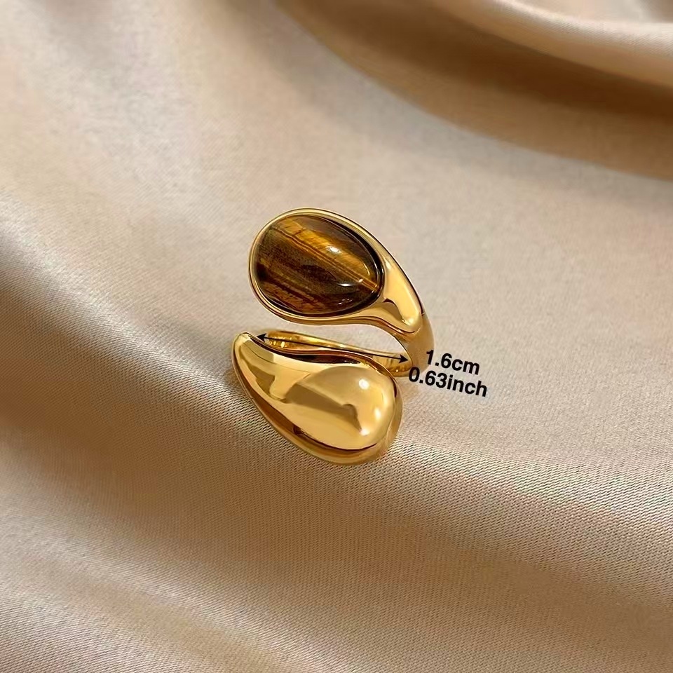 IVIAPRO Fashion Jewelry Wholesale Stainless Steel Tarnish Free Vintage Style Tiger Eye Stone Waterdrop Open Ring