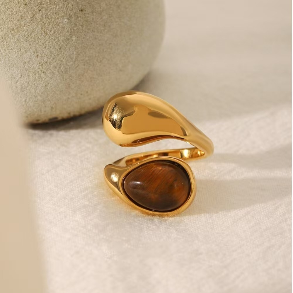 IVIAPRO Fashion Jewelry Wholesale Stainless Steel Tarnish Free Vintage Style Tiger Eye Stone Waterdrop Open Ring