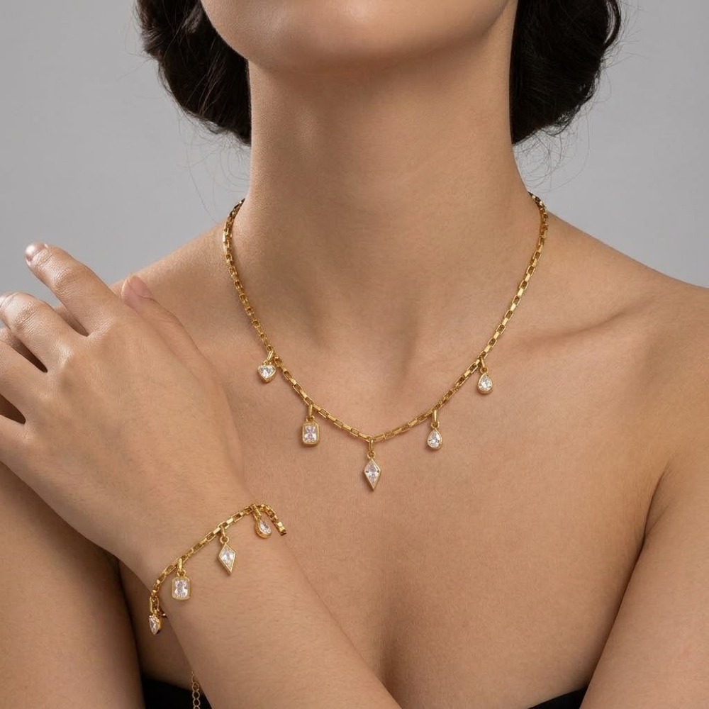 Fashion Jewelry Wholesale Stainless Steel Waterproof Geometric Zircon Charms Necklace