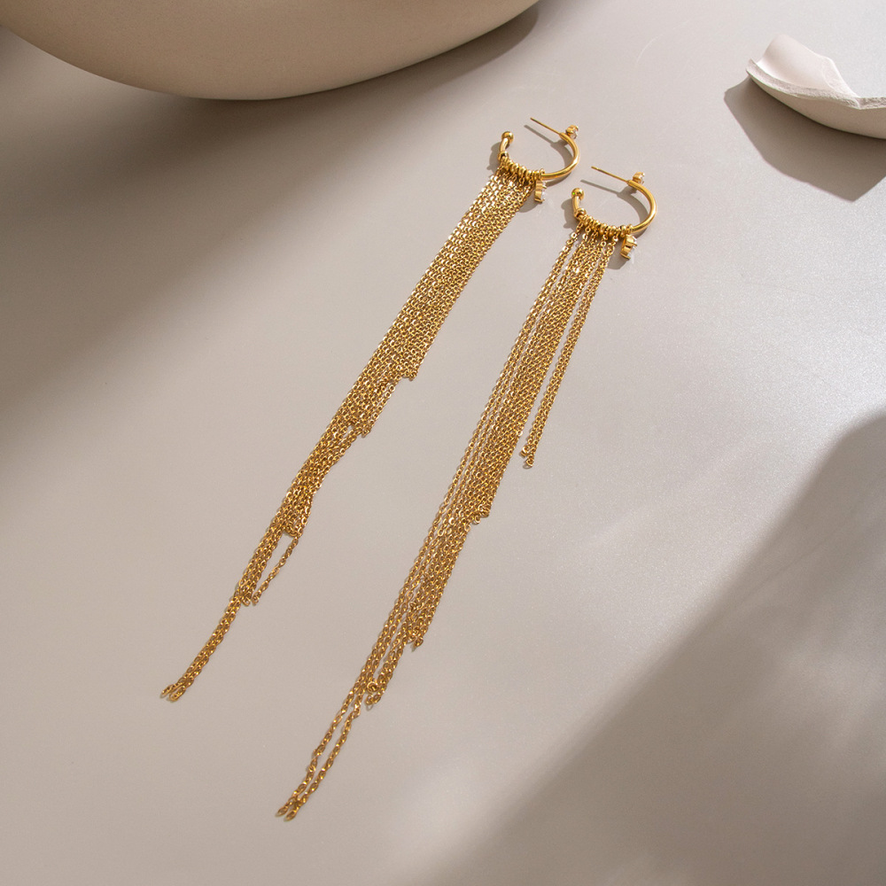 Trendy Hypoallergenic Stainless Steel Waterproof C-shaped Hoop CZ Teardrop Link Chain Tassel Earrings Jewelry Wholesale