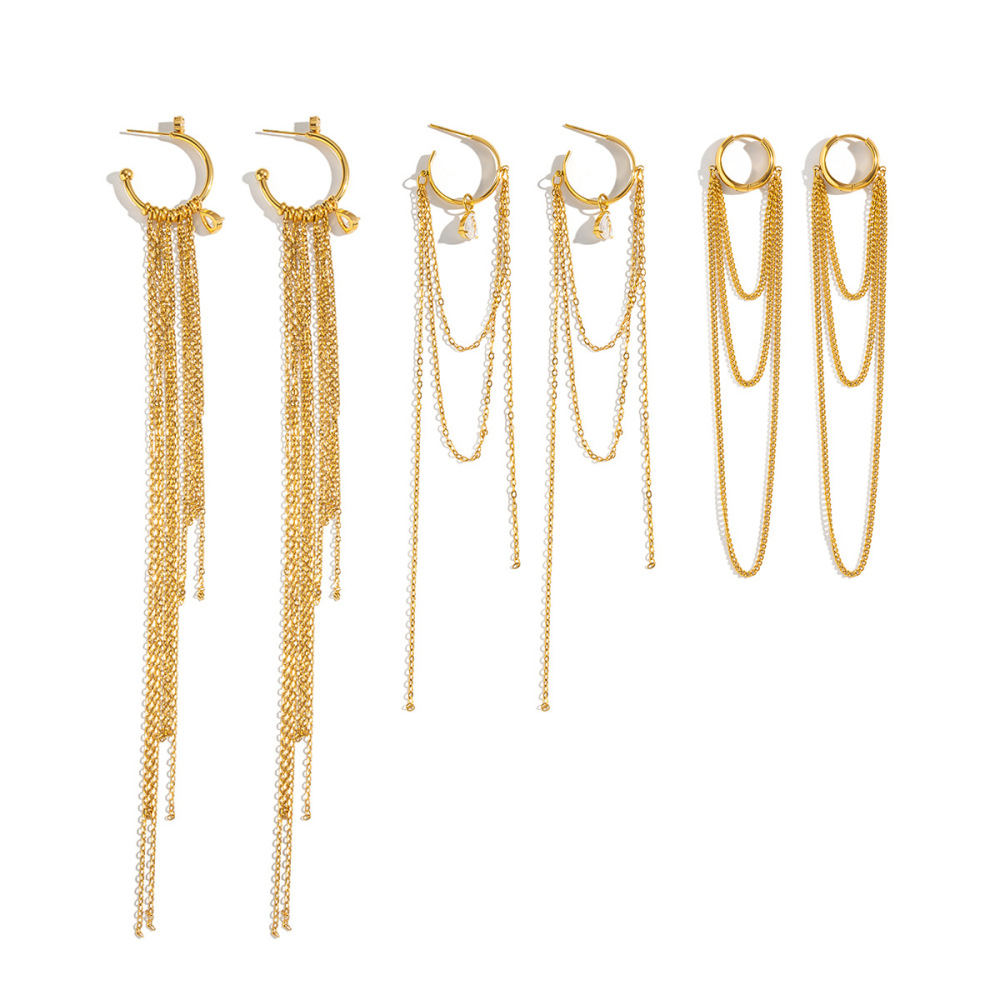 Trendy Hypoallergenic Stainless Steel Waterproof C-shaped Hoop CZ Teardrop Link Chain Tassel Earrings Jewelry Wholesale