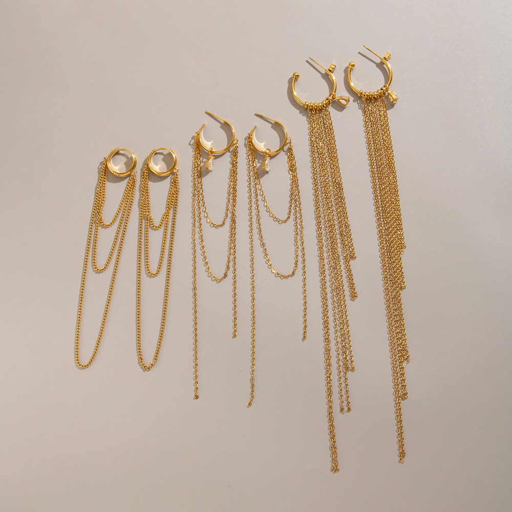 Trendy Hypoallergenic Stainless Steel Waterproof C-shaped Hoop CZ Teardrop Link Chain Tassel Earrings Jewelry Wholesale