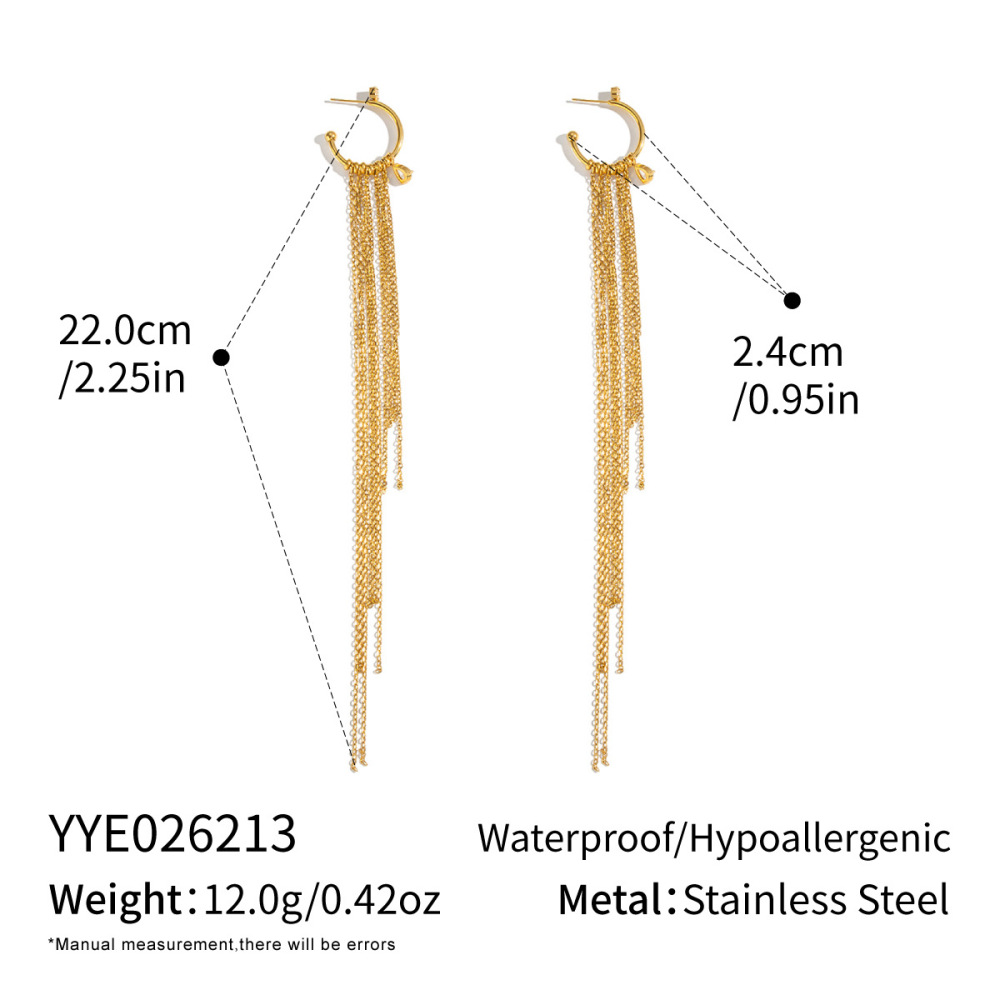 Trendy Hypoallergenic Stainless Steel Waterproof C-shaped Hoop CZ Teardrop Link Chain Tassel Earrings Jewelry Wholesale