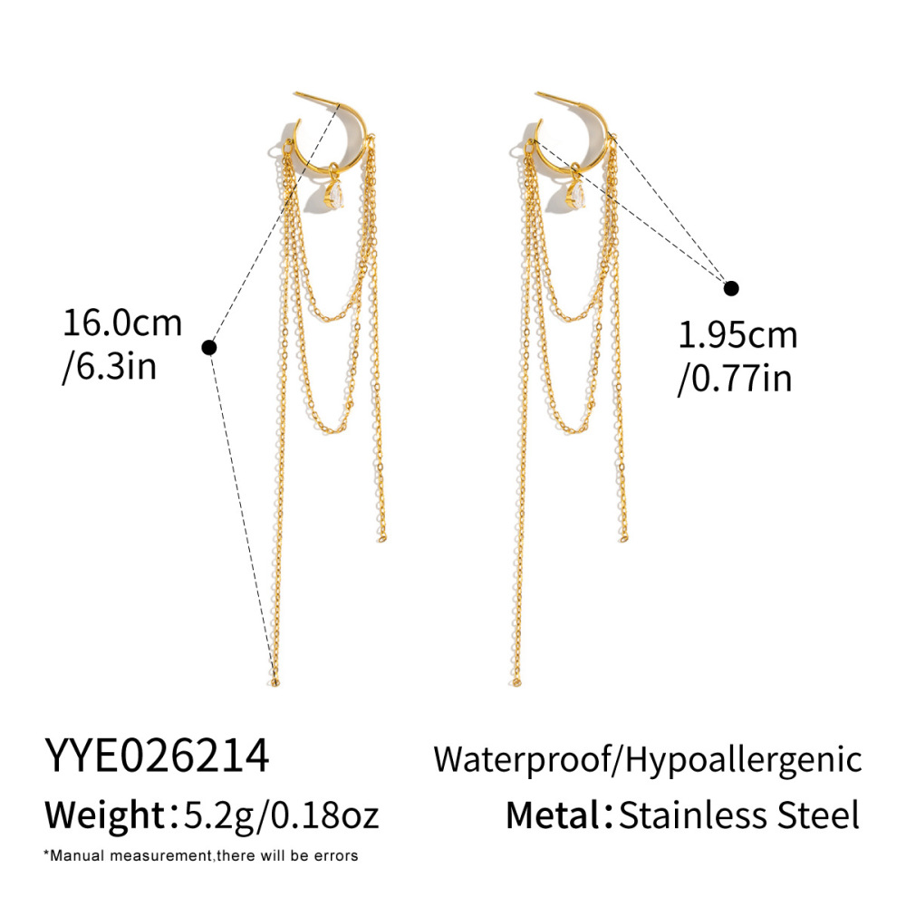 Trendy Hypoallergenic Stainless Steel Waterproof C-shaped Hoop CZ Teardrop Link Chain Tassel Earrings Jewelry Wholesale