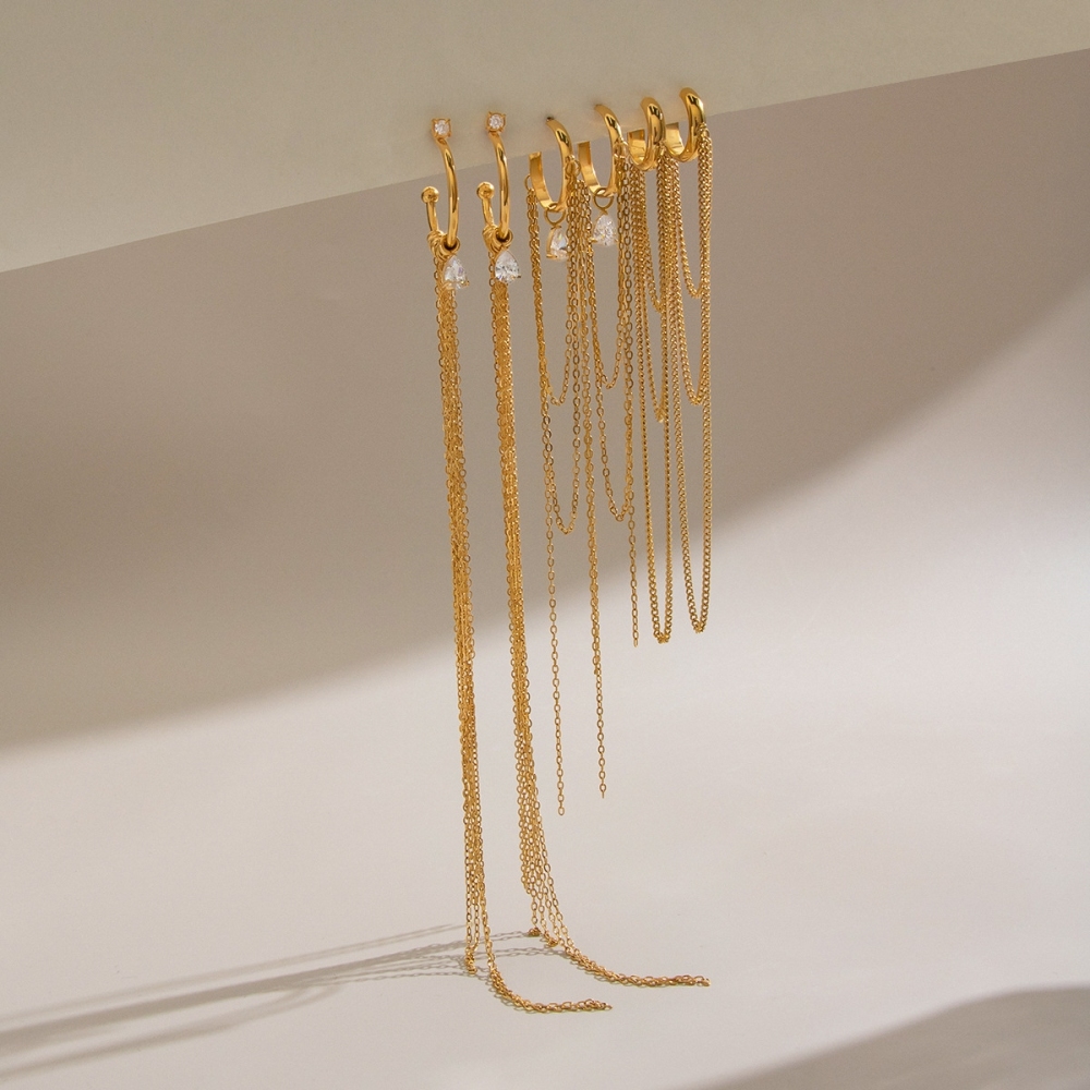 Trendy Hypoallergenic Stainless Steel Waterproof C-shaped Hoop CZ Teardrop Link Chain Tassel Earrings Jewelry Wholesale