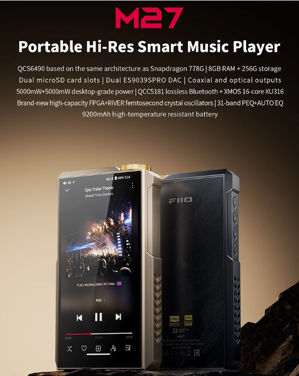 FiiO M27 HiFi Android Music Player with QCS6490, Dual ES9039SPRO DACs, Dual microSD, LDAC/aptX Lossless, 3.5/4.4/6.35mm Outputs