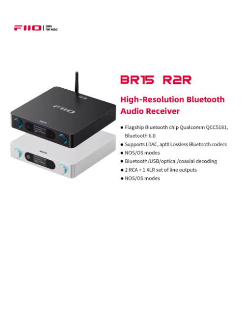 FiiO BR15 R2R High-Resolution Bluetooth 6.0 Audio Receiver,aptX Lossless & LDAC, 24-Bit R2R DAC, USB/Optical/Coaxial input
