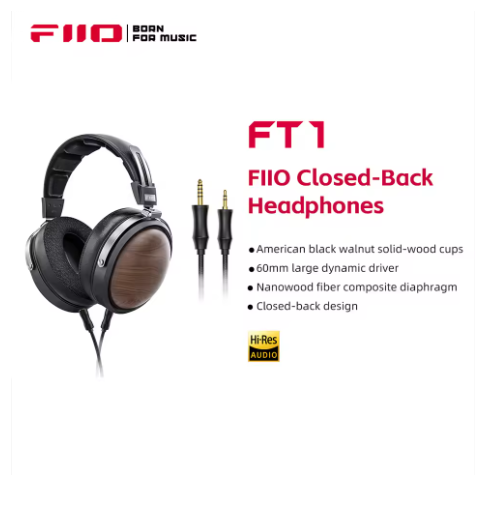 FiiO FT1-New version Closed-Back Over-Ear Fiber Composite Diaphragm Wired Hi-Fi Headphones, American walnut Ear Cups for Studio
