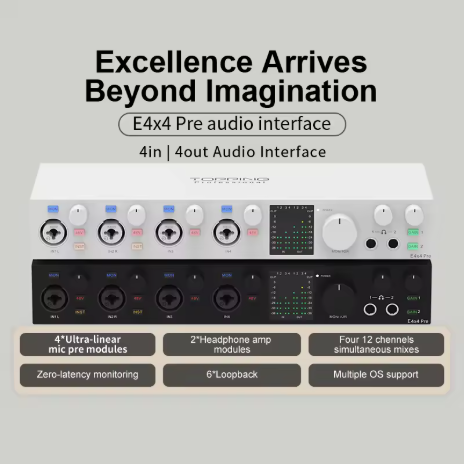 TOPPING E4x4 Pre professional audio interface computer live streaming recording mixing 8 DAW channels 4 LoopBack channels
