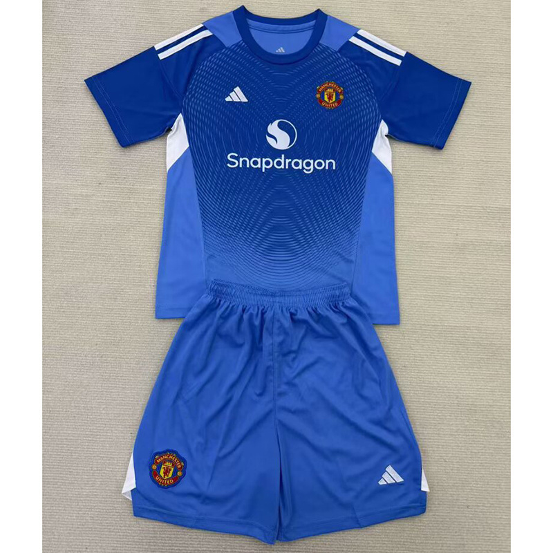 25-26 Manchester United blue goalkeeper Soccer Kids Kit Jersey+Shorts Size 16-28