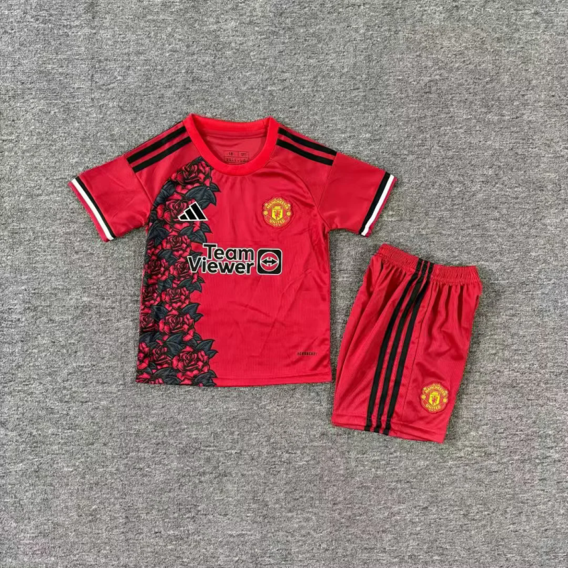 25-26 Manchester United Red Rose Special Soccer Kids Kit Jersey+Shorts Size 16-28