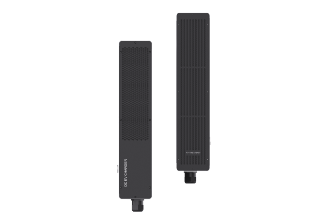 Borne de recharge rapide commerciale pour véhicules électriques (20 kW, 30 kW, 40 kW CC) avec double connecteur pour usage domestique, véhicules électriques privés et flottes de véhicules.