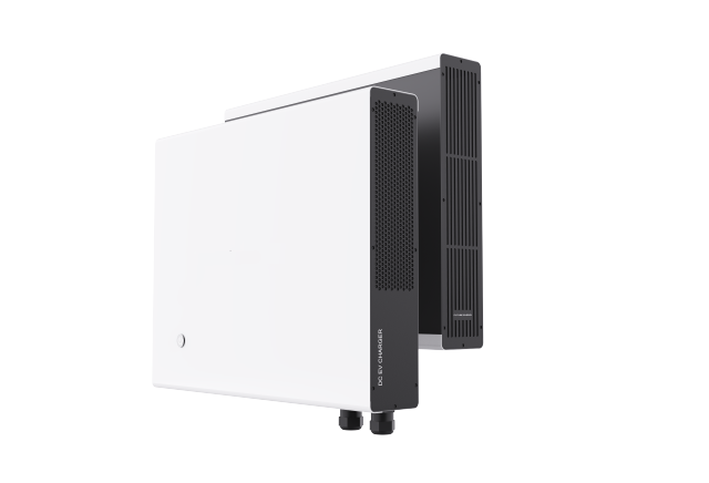 Borne de recharge rapide commerciale pour véhicules électriques (20 kW, 30 kW, 40 kW CC) avec double connecteur pour usage domestique, véhicules électriques privés et flottes de véhicules.
