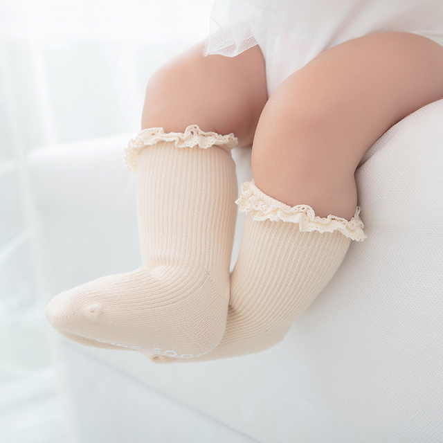 Baby cotton lace socks with double-needle stitching