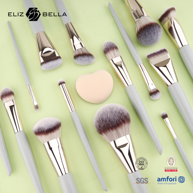 15pcs High-End Synthetic Cosmetic Brush Set – Delicate Fibers, Slim Aluminum Ferrule, Natural Wood Handle – ODM Design