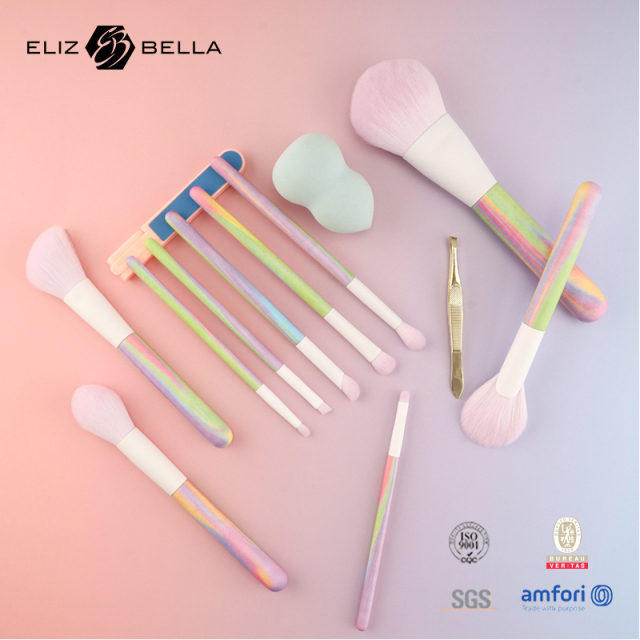 Water Transfer Wood Handle Makeup Brush Set – Nylon Bristles & Aluminum Ferrule | OEM/ODM with Custom Logo Options
