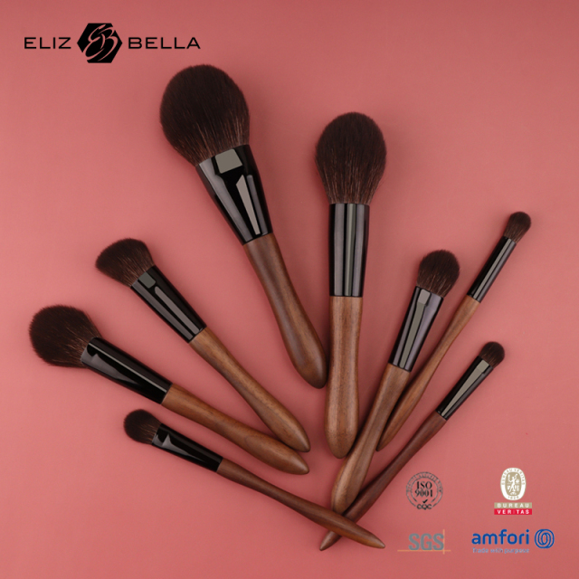 Custom ELIZ&BELLA Makeup Brush Set – High-Quality Synthetic Bristles, Wood Handle & Black Aluminum Ferrule | ODM/OEM Private Label with Logo Options