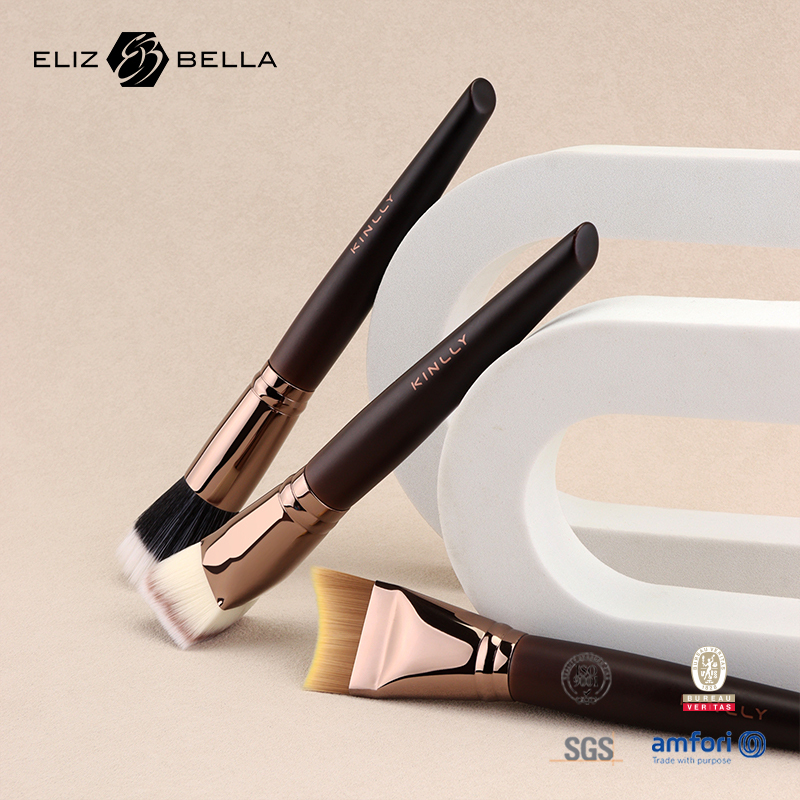 ODM/OEM Cosmetic Brush – Flat Top Synthetic Bristles, Aluminum Ferrule, Elegant Wooden Handle – Your Logo
