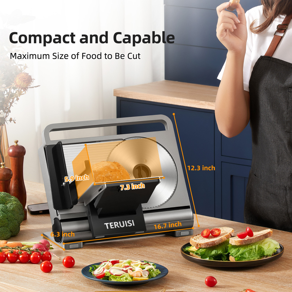 TERUISI Meat Slicer, 200W Electric Meat Slicer Machine Food Slicer, Foldable Deli Meat Cutter With 2 Removable 7.5" Stainless Steel Blade, 0-15mm Adjustable Thickness For Home Use, Meat, Cheese, Bread