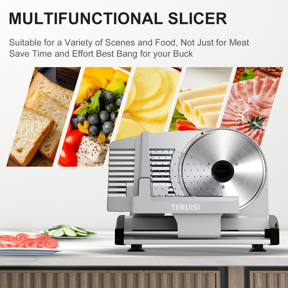 TERUISI Meat Slicer, 200W Electric Deli Food Slicer with 2 Removable 7.5'' Stainless Steel Blades and Tray, 0-15mm Adjustable Thickness For Home Use, Easy to Clean, Cuts Meat, Bread and Cheese