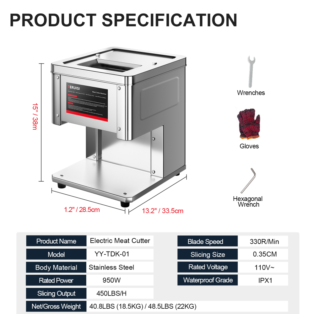 Meat Cutter Machine, 950W Electric Slicer Cutting Machine with 450LBS/H Slicing Output, 3.5mm Commercial Meat Slicer with Removable Blade for Boneless Pork Chicken Fish Soft Vegetables