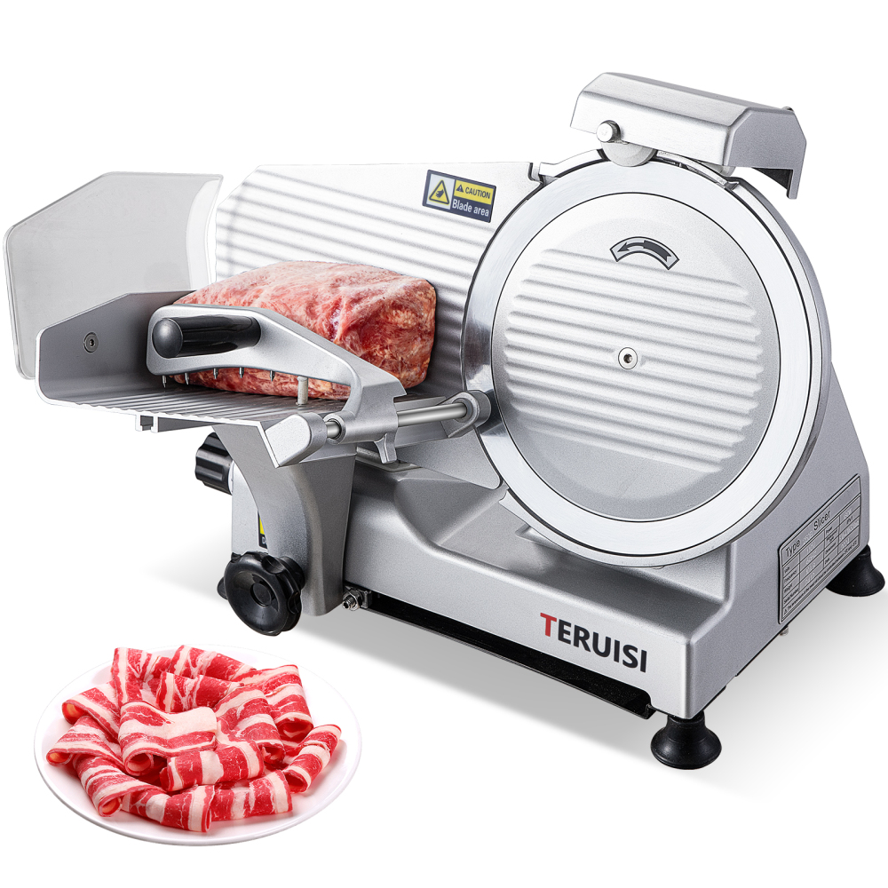 TERUISI Meat Slicer Machine, 10 inch 240W Commercial Meat Slicer, Frozen Meat Cheese Deli Slicer with 0-13mm Adjustable Thickness, Chromium Plated Semi-Auto Food Slicer for Commercial & Home
