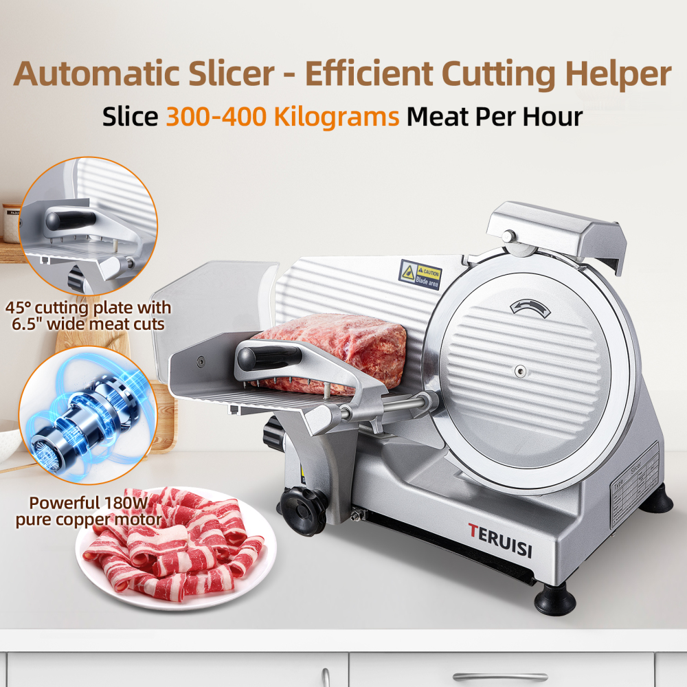 TERUISI Meat Slicer Machine, 10 inch 240W Commercial Meat Slicer, Frozen Meat Cheese Deli Slicer with 0-13mm Adjustable Thickness, Chromium Plated Semi-Auto Food Slicer for Commercial & Home