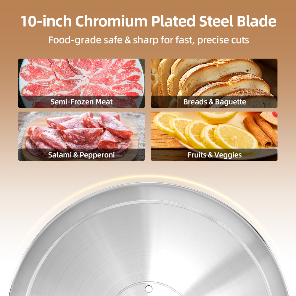 TERUISI Meat Slicer Machine, 10 inch 240W Commercial Meat Slicer, Frozen Meat Cheese Deli Slicer with 0-13mm Adjustable Thickness, Chromium Plated Semi-Auto Food Slicer for Commercial & Home