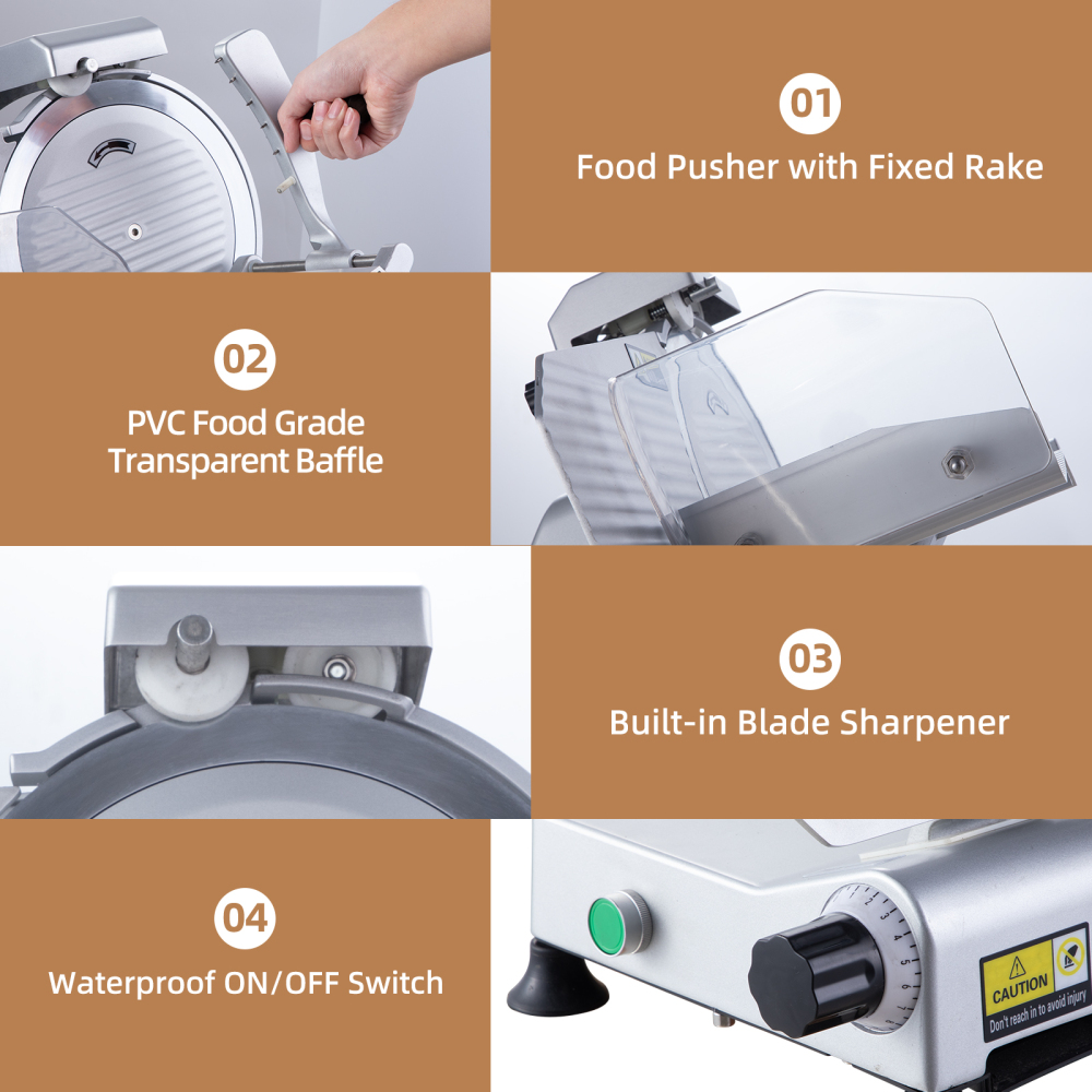 TERUISI Meat Slicer Machine, 10 inch 240W Commercial Meat Slicer, Frozen Meat Cheese Deli Slicer with 0-13mm Adjustable Thickness, Chromium Plated Semi-Auto Food Slicer for Commercial & Home
