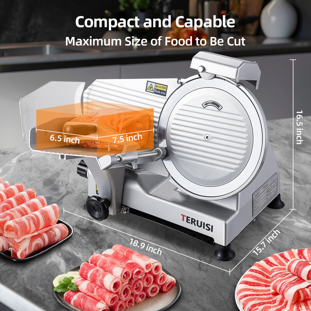TERUISI Meat Slicer Machine, 10 inch 240W Commercial Meat Slicer, Frozen Meat Cheese Deli Slicer with 0-13mm Adjustable Thickness, Chromium Plated Semi-Auto Food Slicer for Commercial & Home