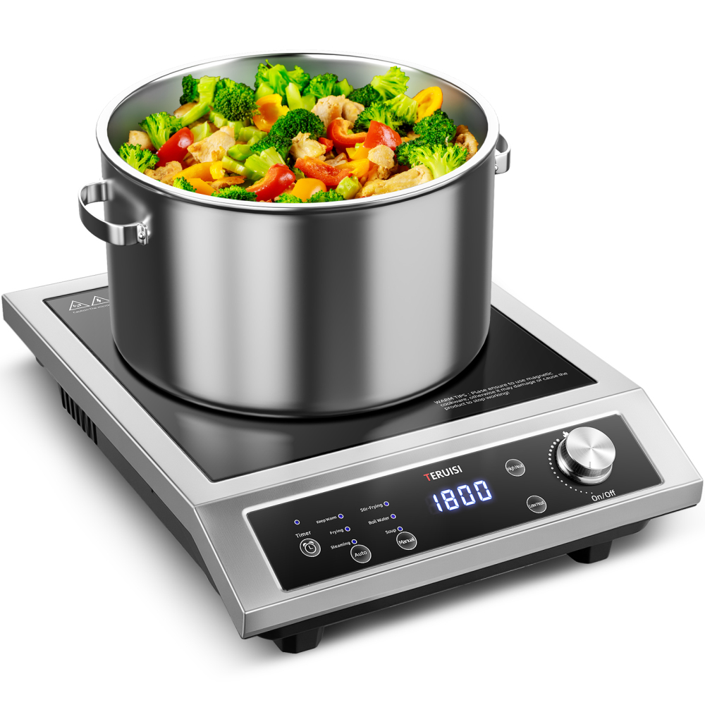 Induction Cooktop Commercial, 1800W Electric Stove with 18/10 Stainless Steel, 4 Hours Timer, 6 Preset Functions, 8 Temp/Power Levels, Portable Countertop Burner for RV Home Kitchen