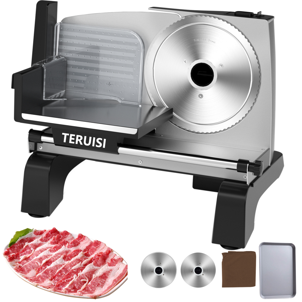 Electric Meat Slicer, 200W 110V Food Slicer with 2 Stainless Steel 7.5" Blades, 0-18mm Adjustable Thickness, Meat Cutter Machine with Food Tray, Towel for Home Use, Fruit, Bread, Cheese