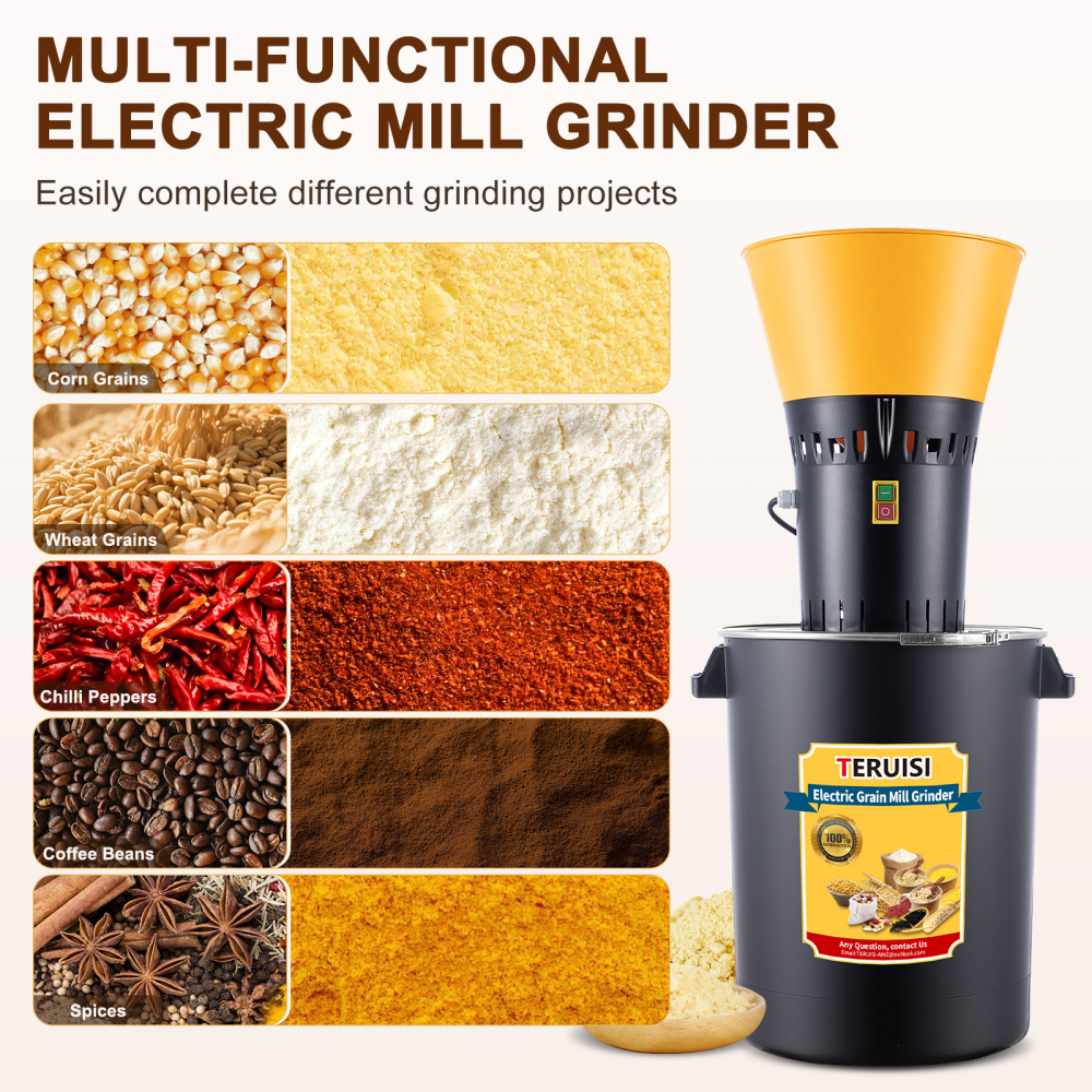 Grain Mill Grinder, 15.8 Gallons Electric Grain Mill Corn Grinder, 1500W Dust-Free Dry Cereals Grinders with Detachable Hopper & 5 Size Sieves for Farm Home Wheat Spice Rice Feed Flour (60L)
