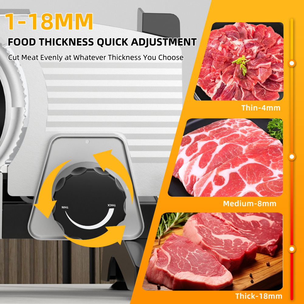 Electric Meat Slicer, 200W 110V Food Slicer with 2 Stainless Steel 7.5" Blades, 0-18mm Adjustable Thickness, Meat Cutter Machine with Food Tray, Towel for Home Use, Fruit, Bread, Cheese