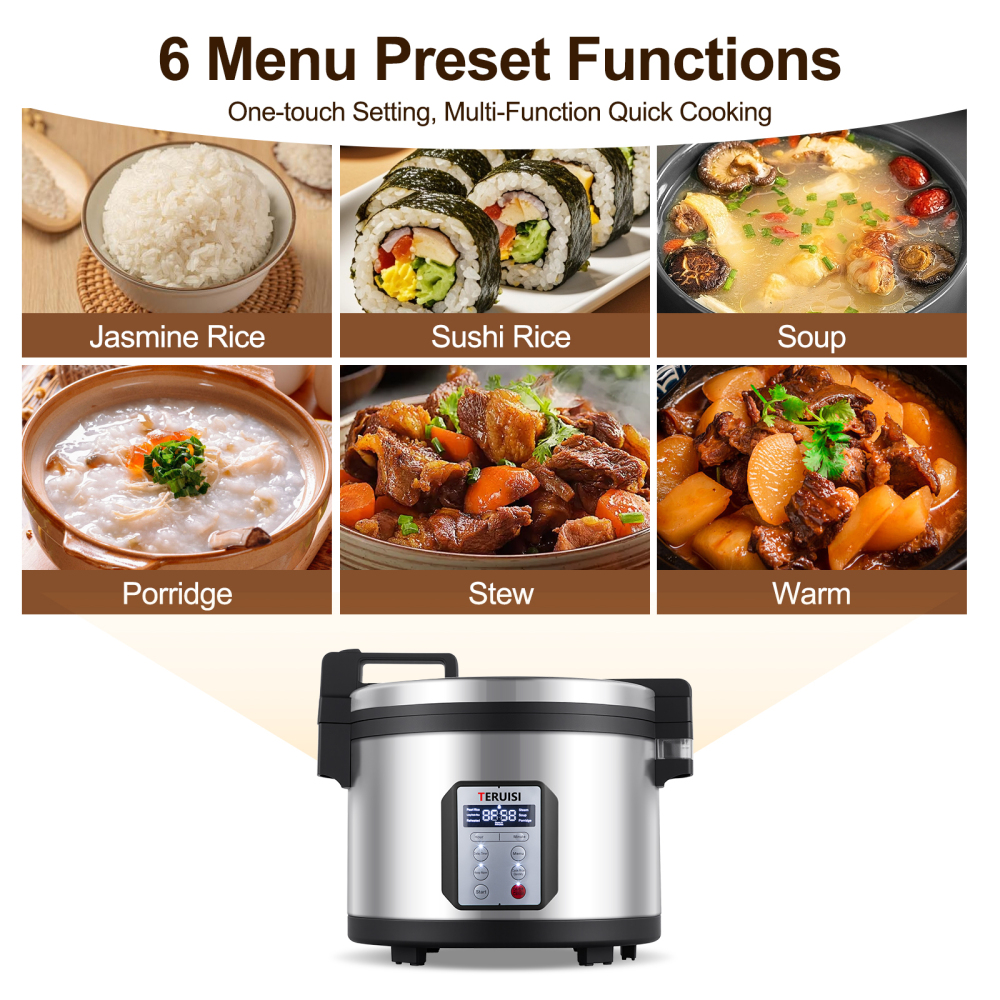 Commercial Rice Cooker, 15L/15.85QT Large Capacity Rice Cooker & Warmer 84 Cups Cooked Rice, 1550W Fast Rice Cooker with 6 Preset Functions, LED Display, Non-stick Inner Pot for 25-35 People Use